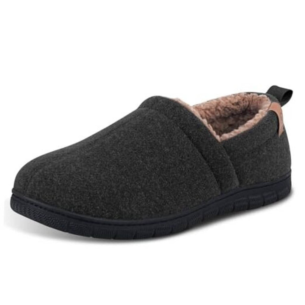 Black memory foam slippers with open-back design and plush sherpa lining
