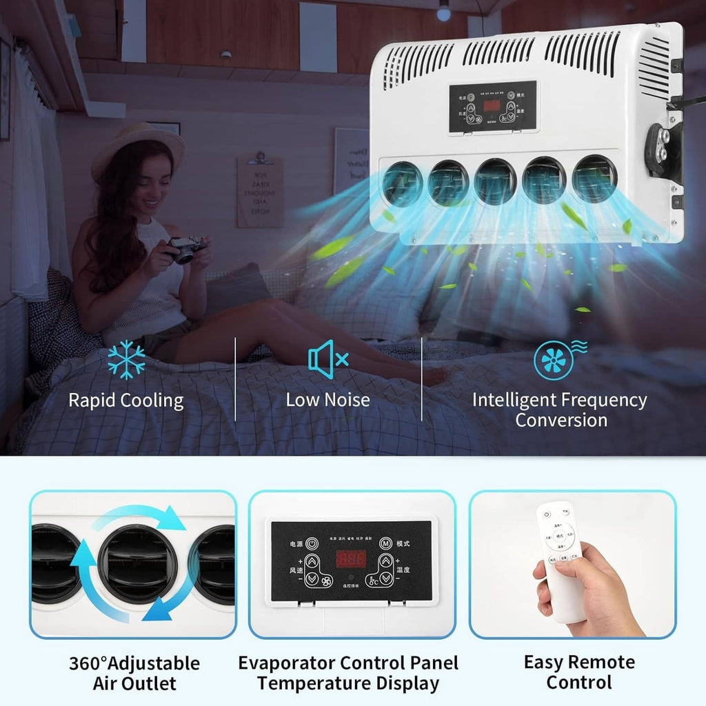 White indoor air conditioner evaporator with five circular outlets and remote control