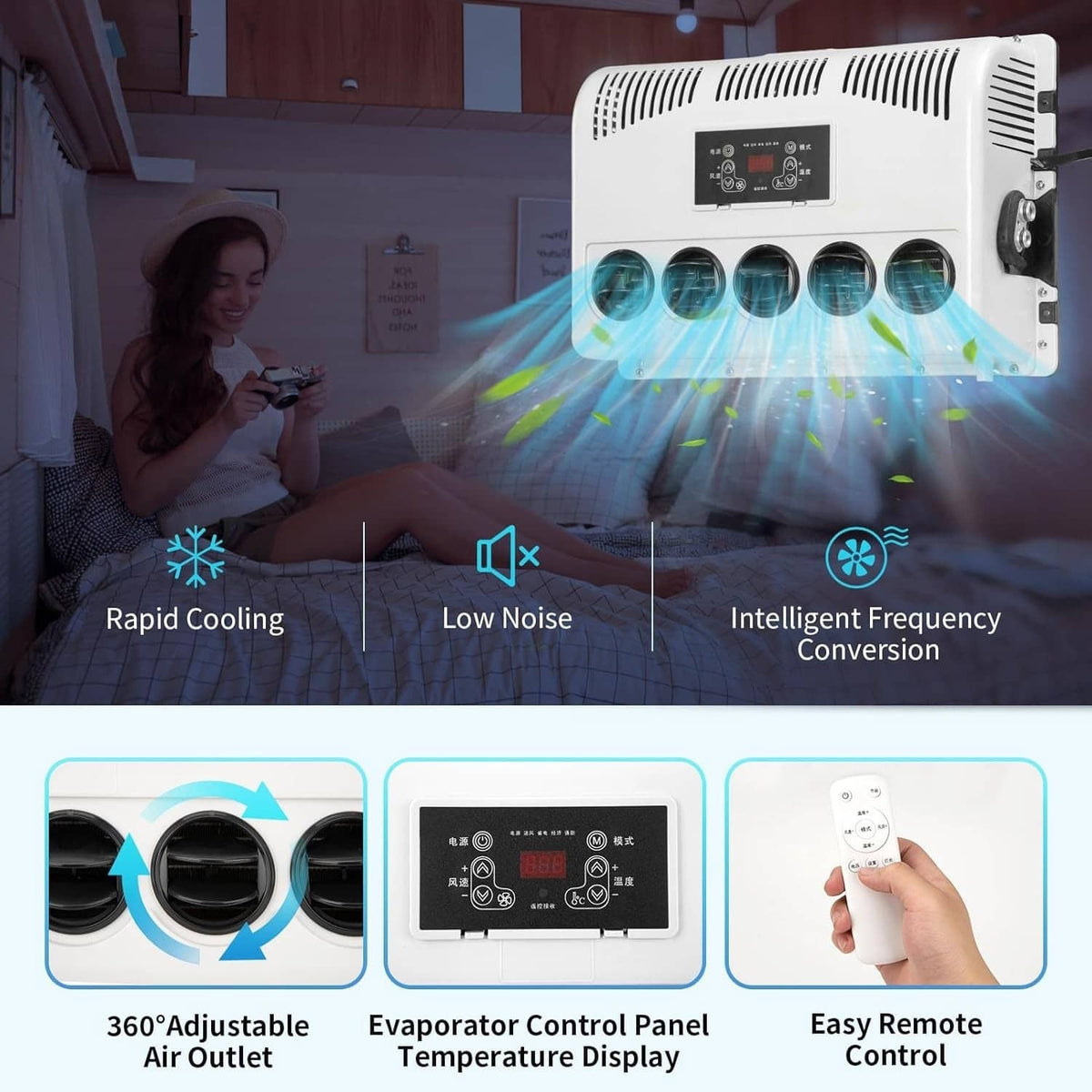 White indoor air conditioner evaporator with five circular outlets and remote control