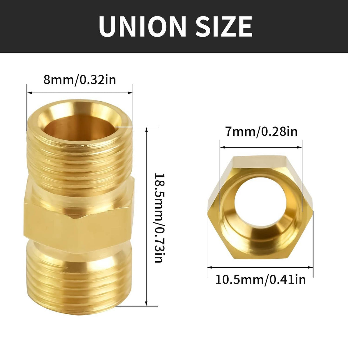 Gold brass compression union with hex nut body and central opening, close-up