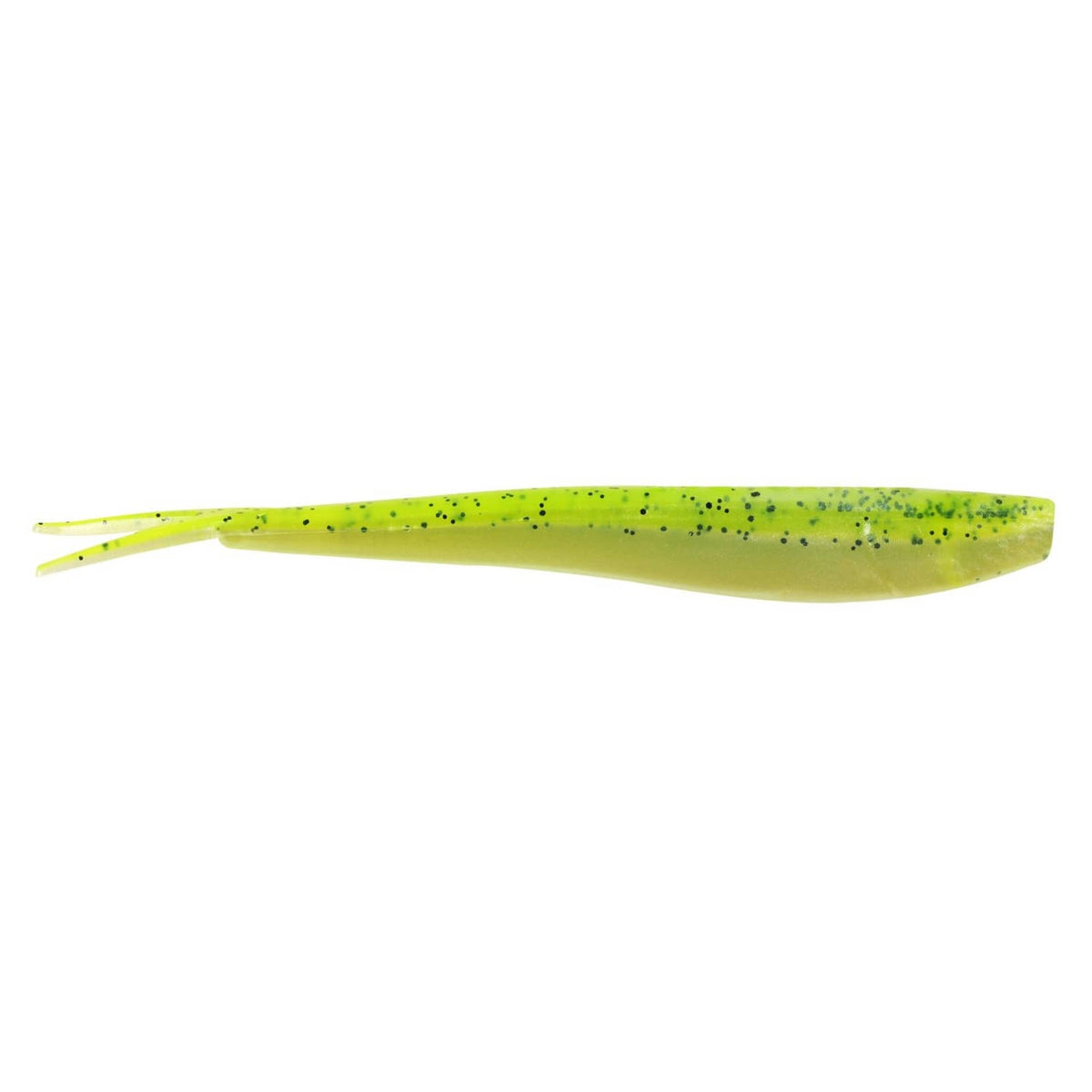 Chartreuse shad soft fishing bait, speckled body and slender tail, hook-ready