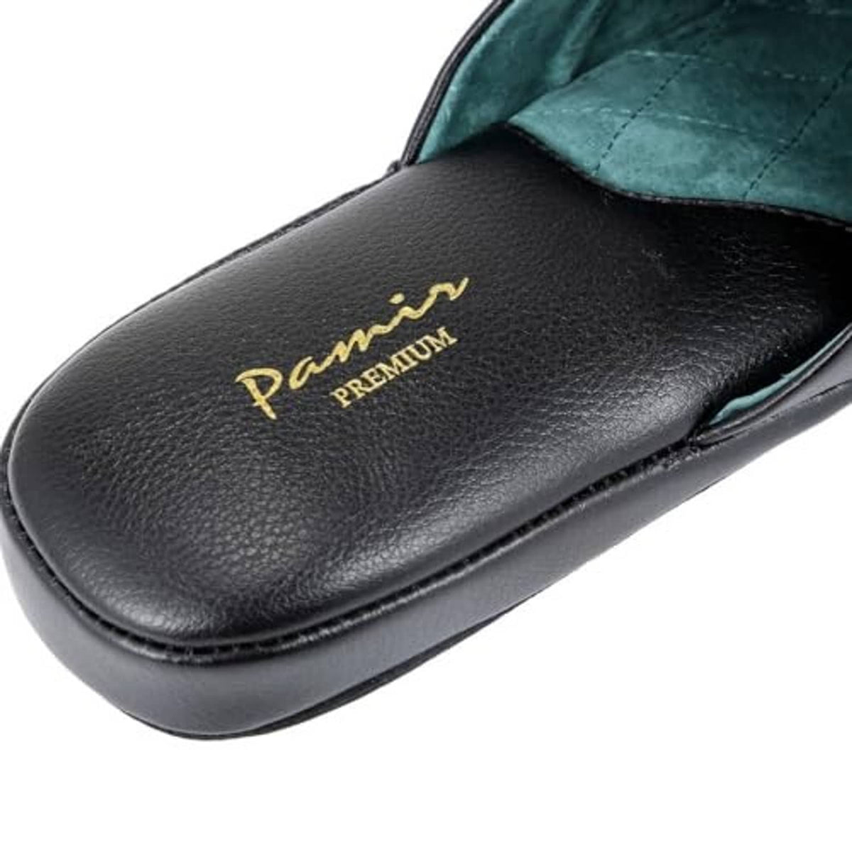Black leather scuff slipper upper with teal lining and gold “Premium” logo detail