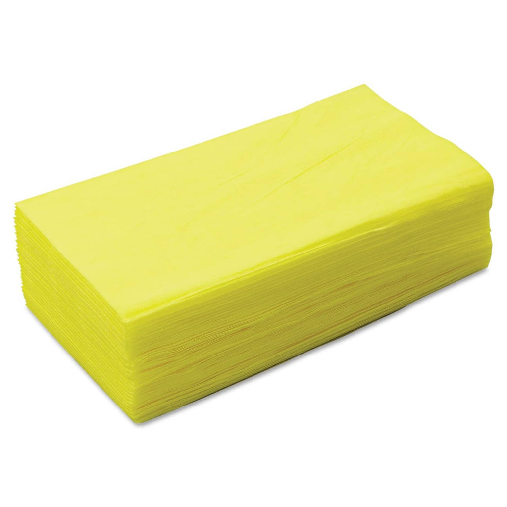 Stack of yellow nonwoven treated dust cloths, 24 x 24 in square sheets