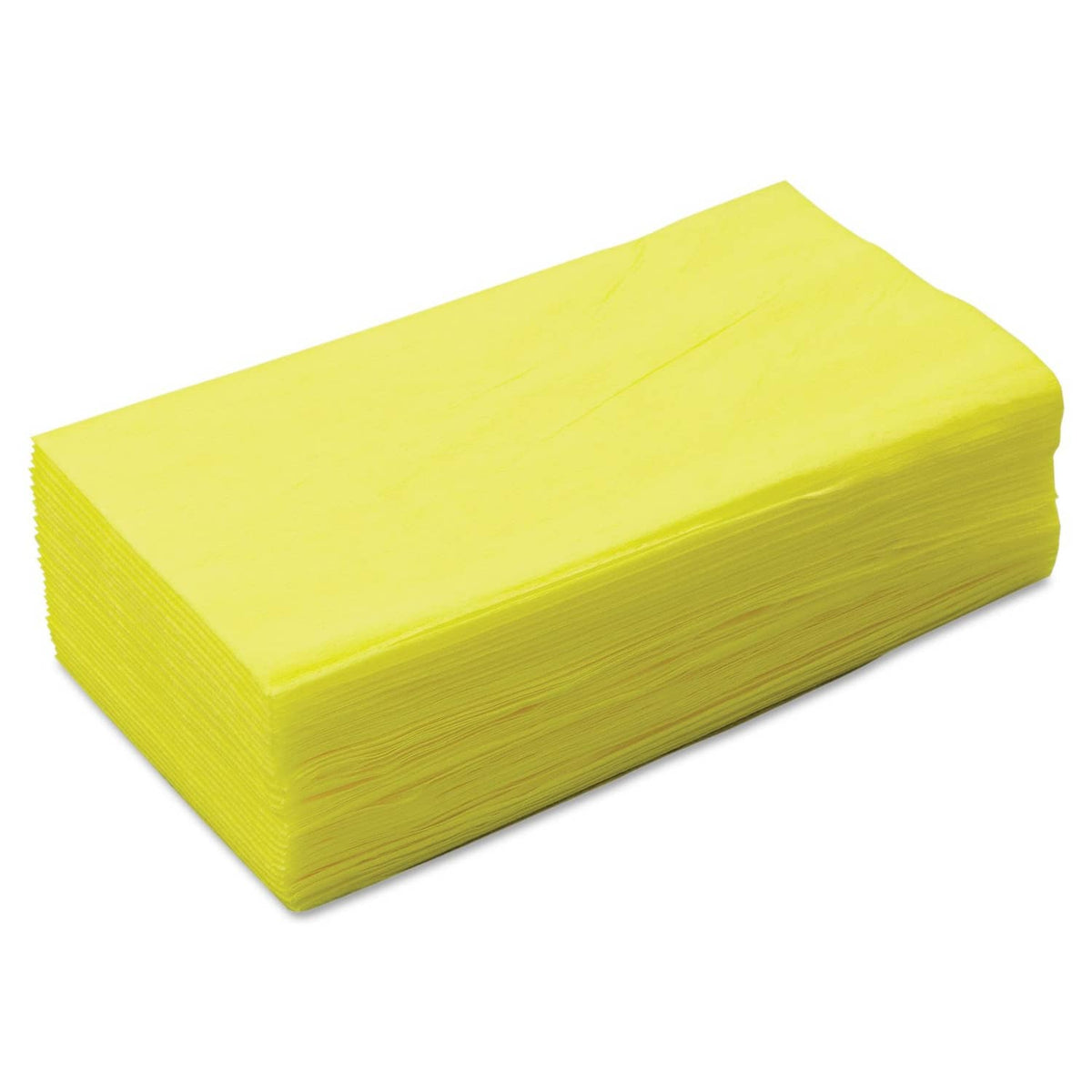 Stack of yellow nonwoven treated dust cloths, 24 x 24 in square sheets