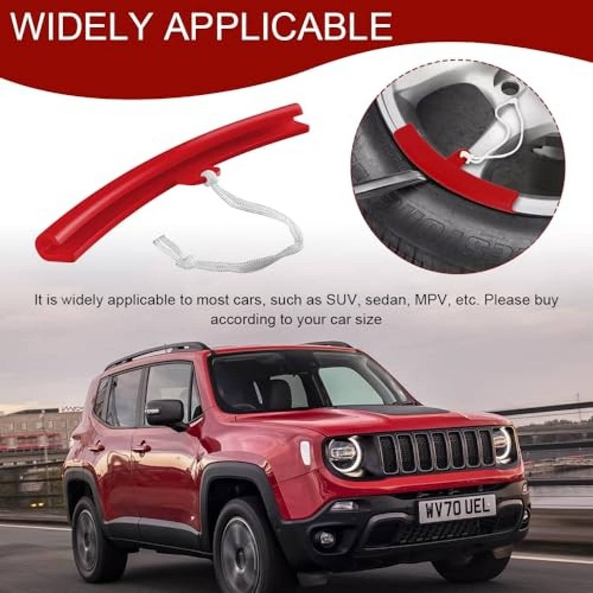 Red tire rim protector with white rope tie, shown next to car wheel