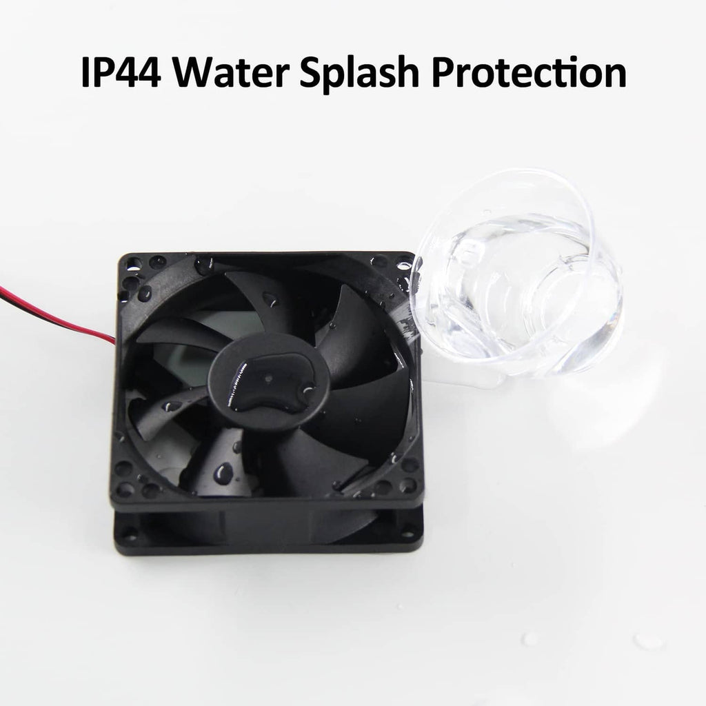 Black 12V square fan with red and black wires and clear splash shield