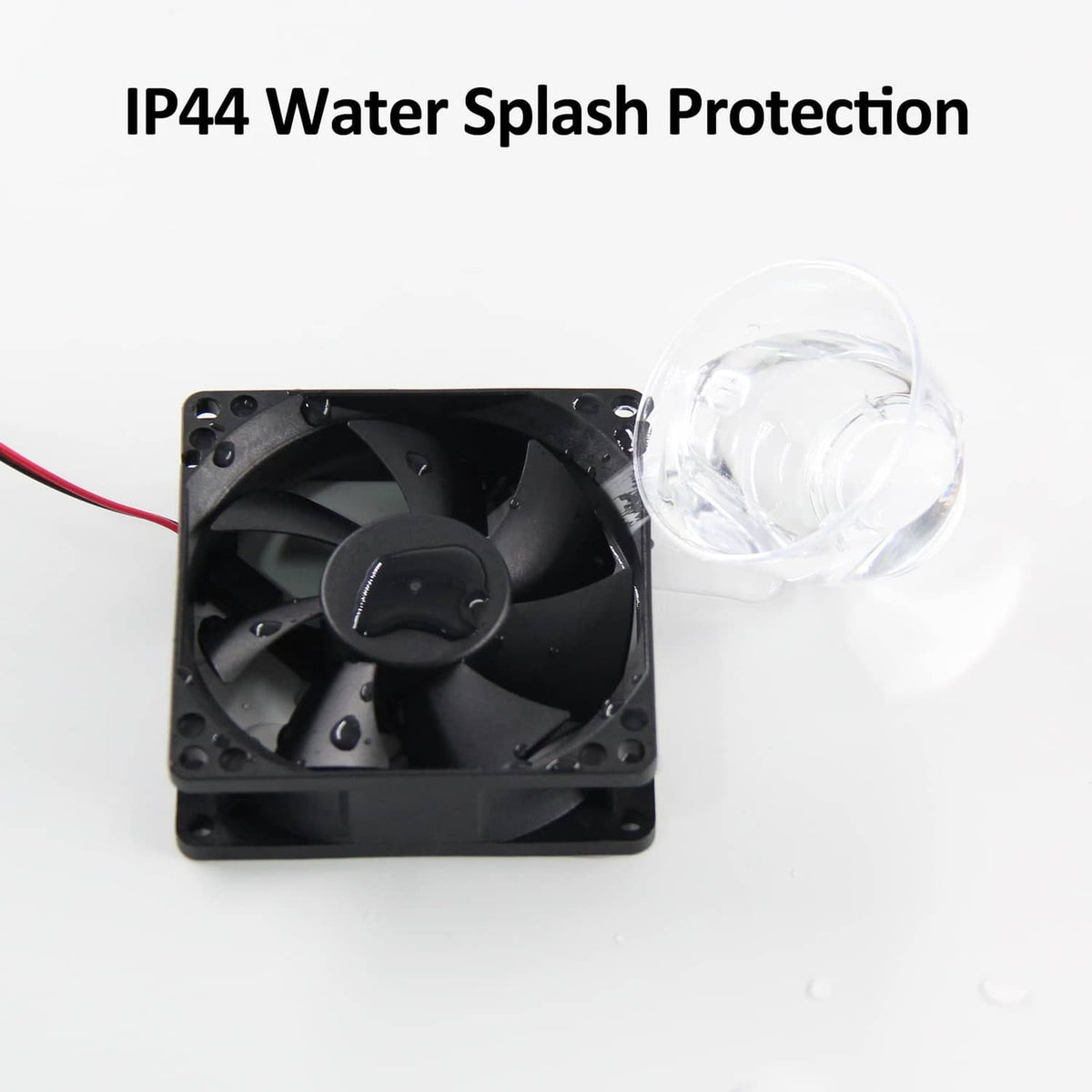 Black 12V square fan with red and black wires and clear splash shield