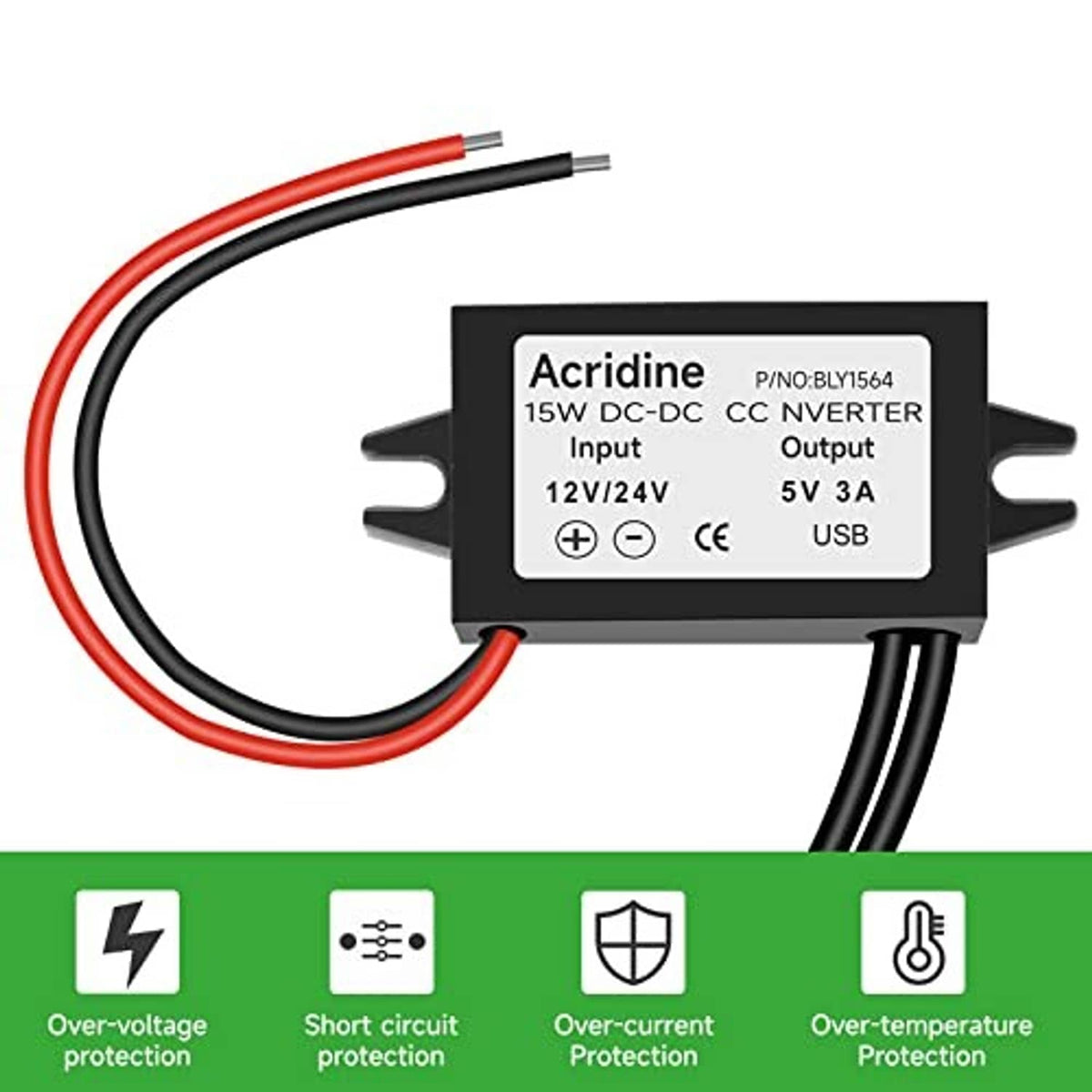 12V/24V to 5V USB DC converter module with labeled input/output and protection icons