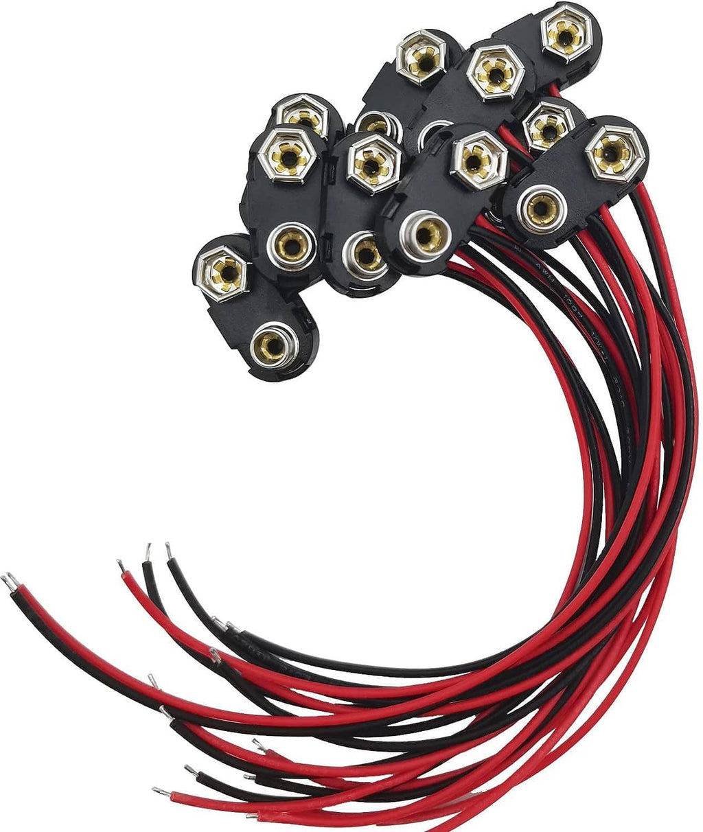 Pack of T-type 9V battery connectors with hard plastic housings and red/black wires