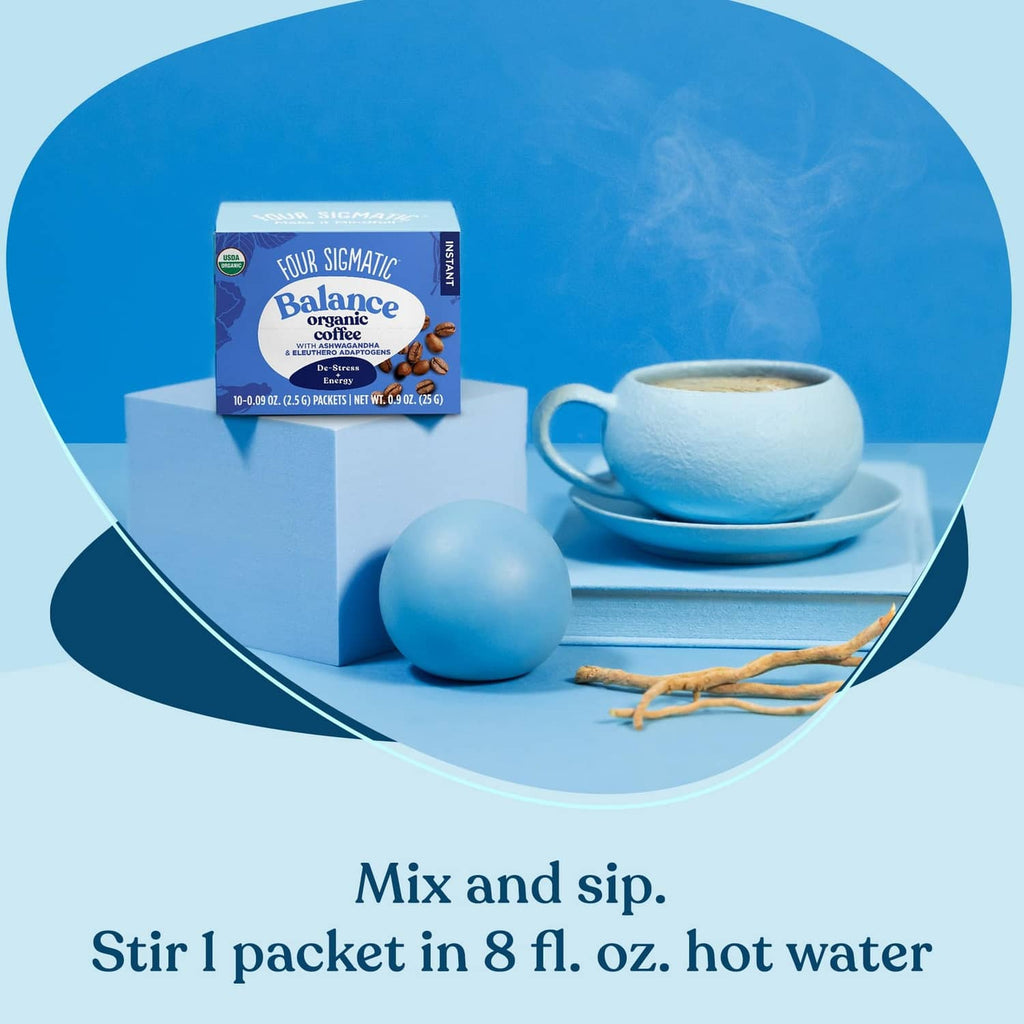 Four Sigmatic Balance organic instant coffee, mix and stir 1 packet in hot water