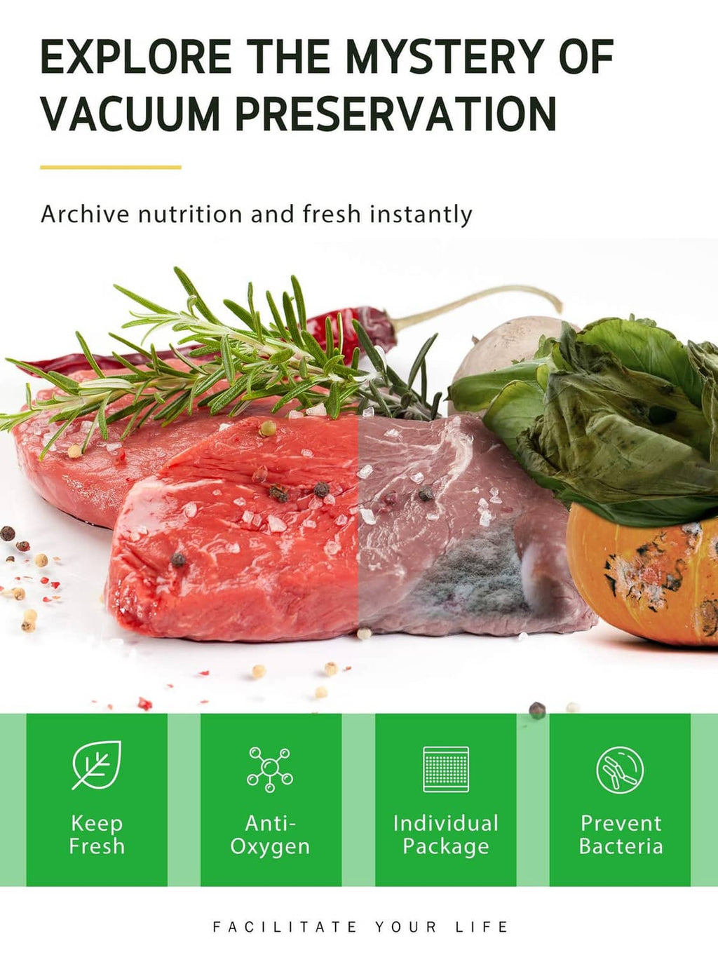 Vacuum-sealed food bags with beef and leafy greens, clear film layers
