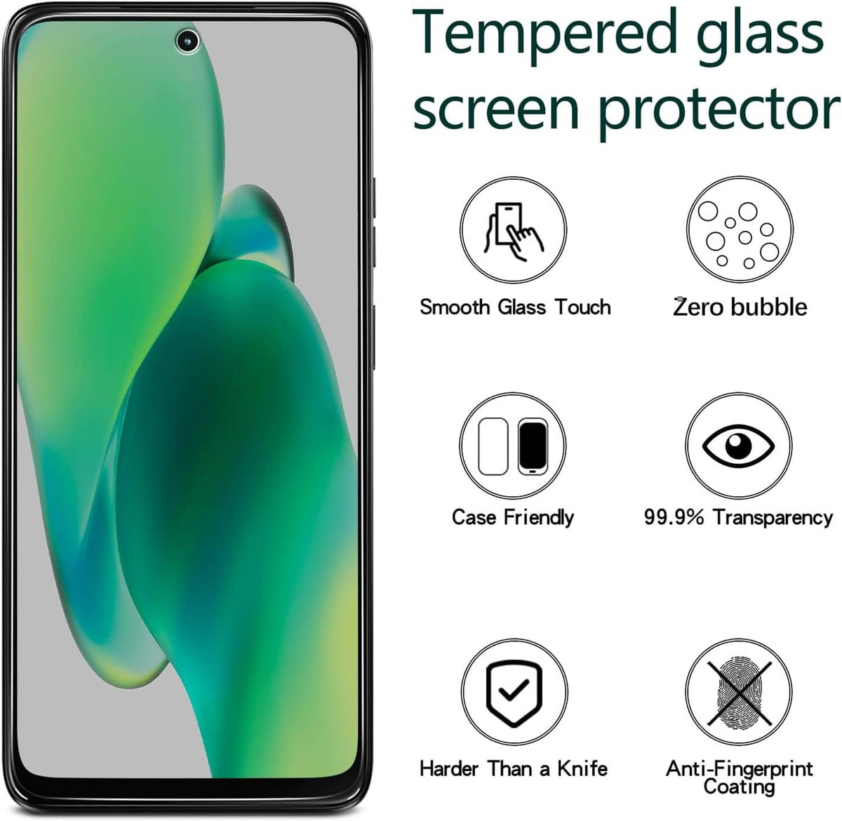 Case-friendly tempered glass screen protector with smooth touch, zero-bubble fit