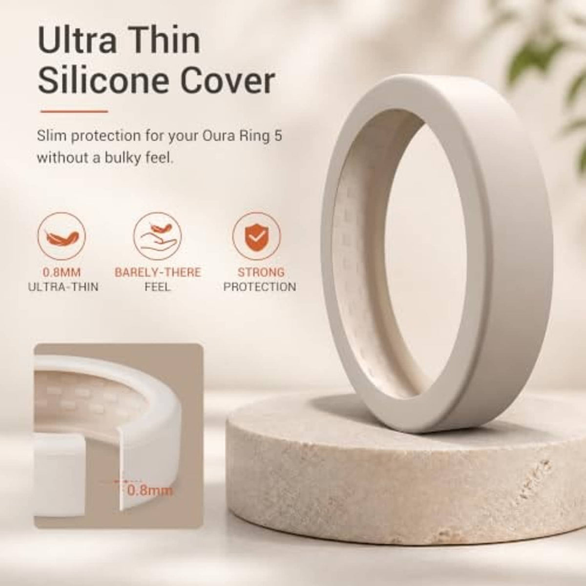 Ultra-thin silicone ring cover with sensor window, shown resting on a surface