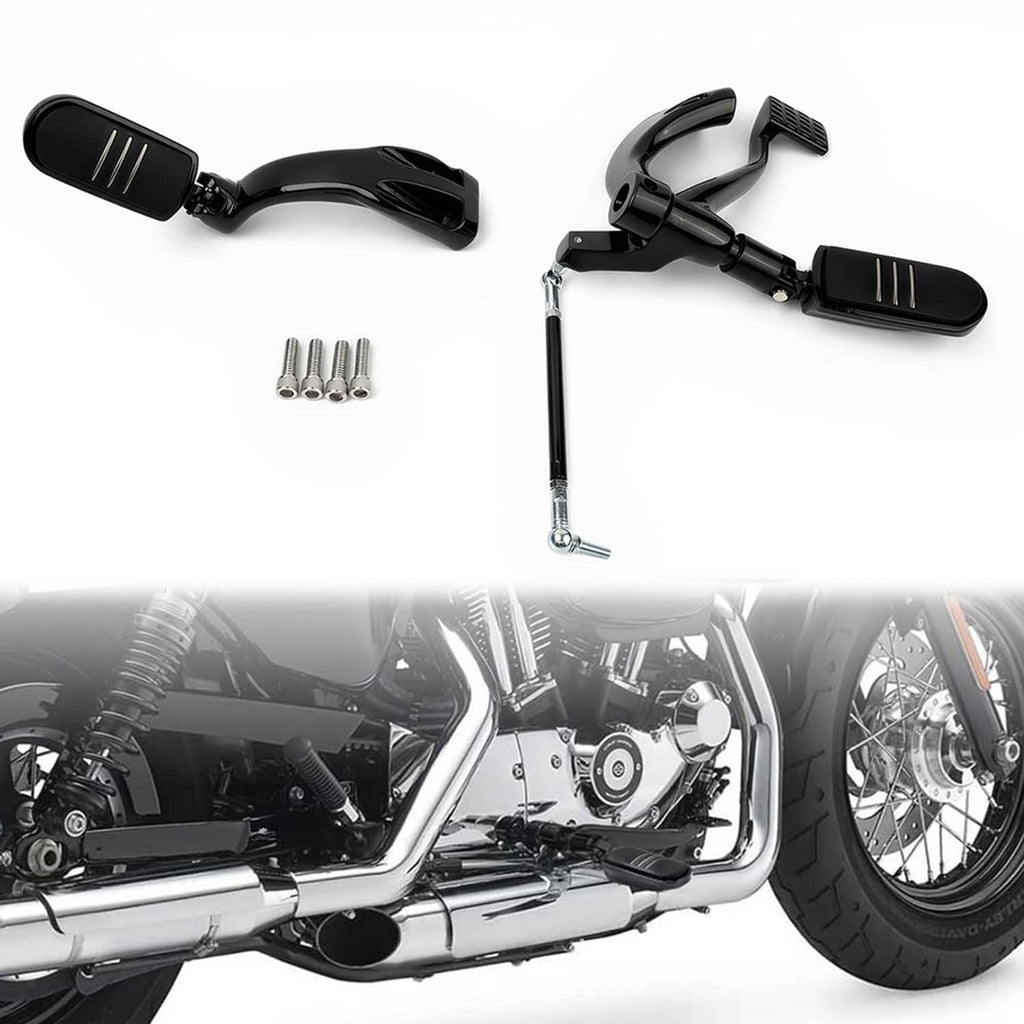 Pair of black mid forward footpeg levers with mounting hardware and wrench tool