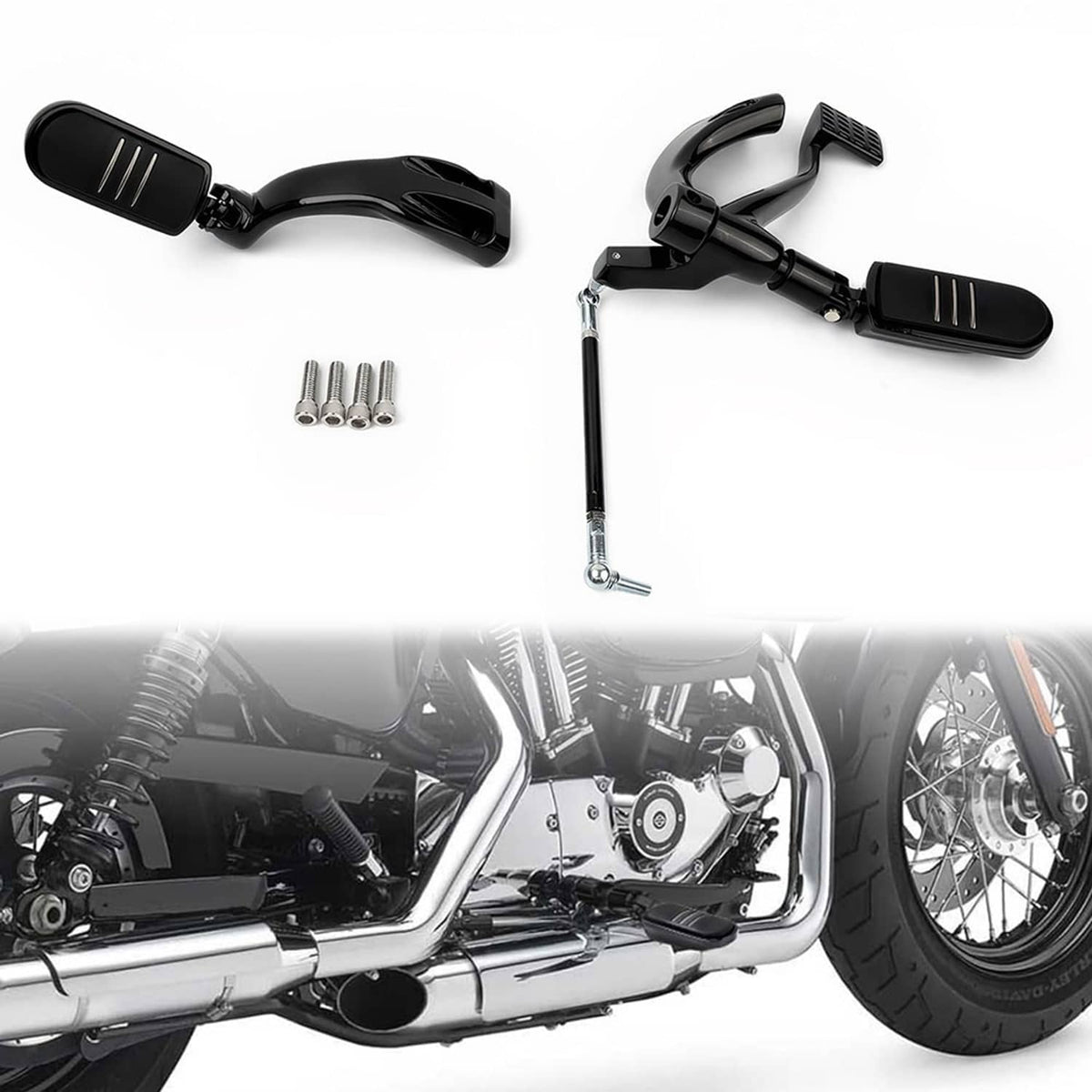 Pair of black mid forward footpeg levers with mounting hardware and wrench tool