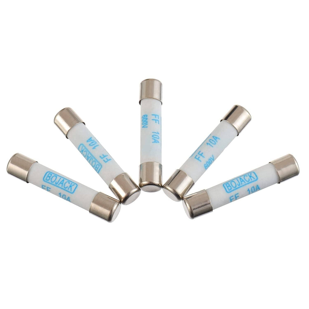 Set of five silver fast-acting fuses with blue FF 10A 600V DC markings and caps