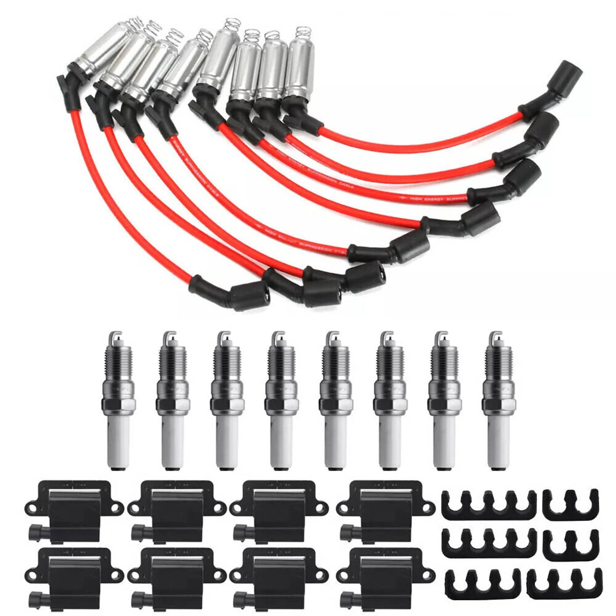 8-pack ignition coil and red spark plug wire harness with eight spark plugs