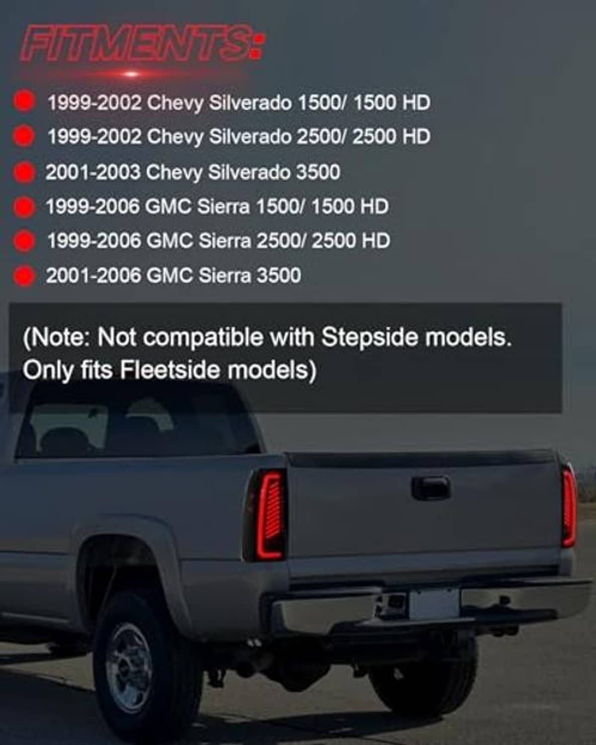 Rear view of a truck with black tail light housings and red vertical LED bar illumination