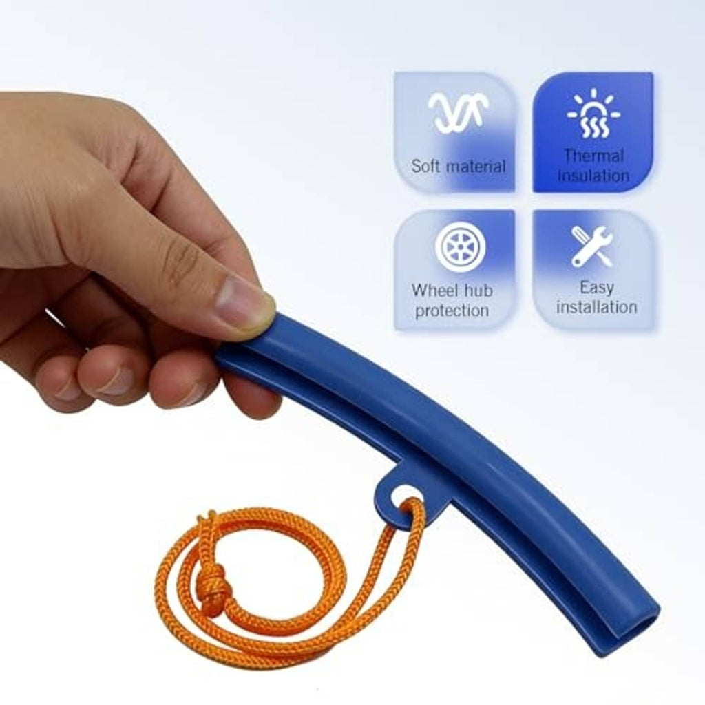 Blue rim protector bar held in hand with orange rope loop for tire changing