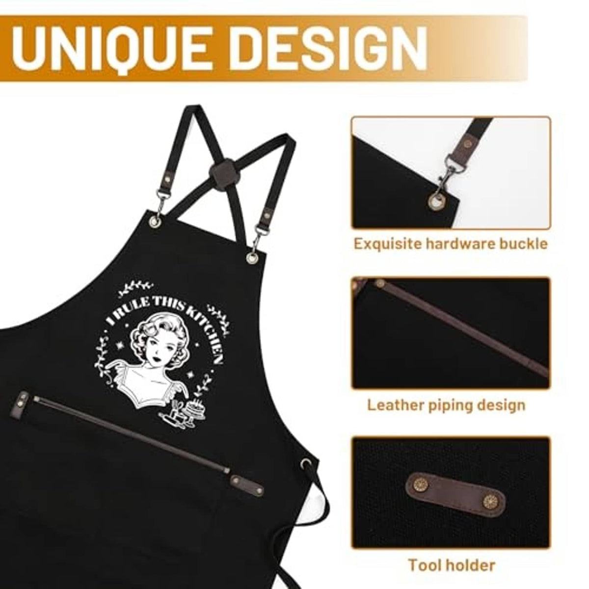 Black apron design with leather piping, adjustable straps, and chef graphic