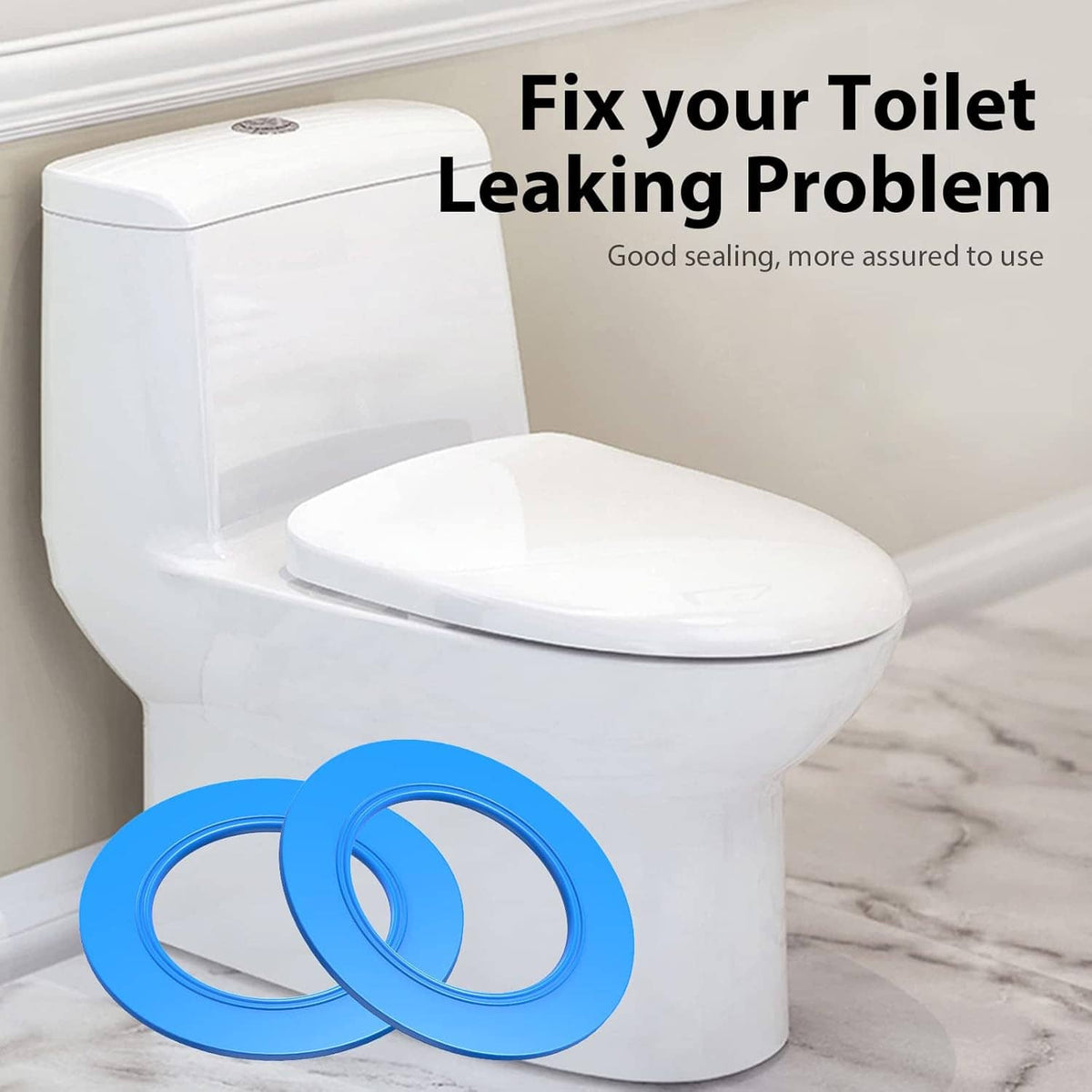 Toilet with two blue flush valve seal rings shown near the base