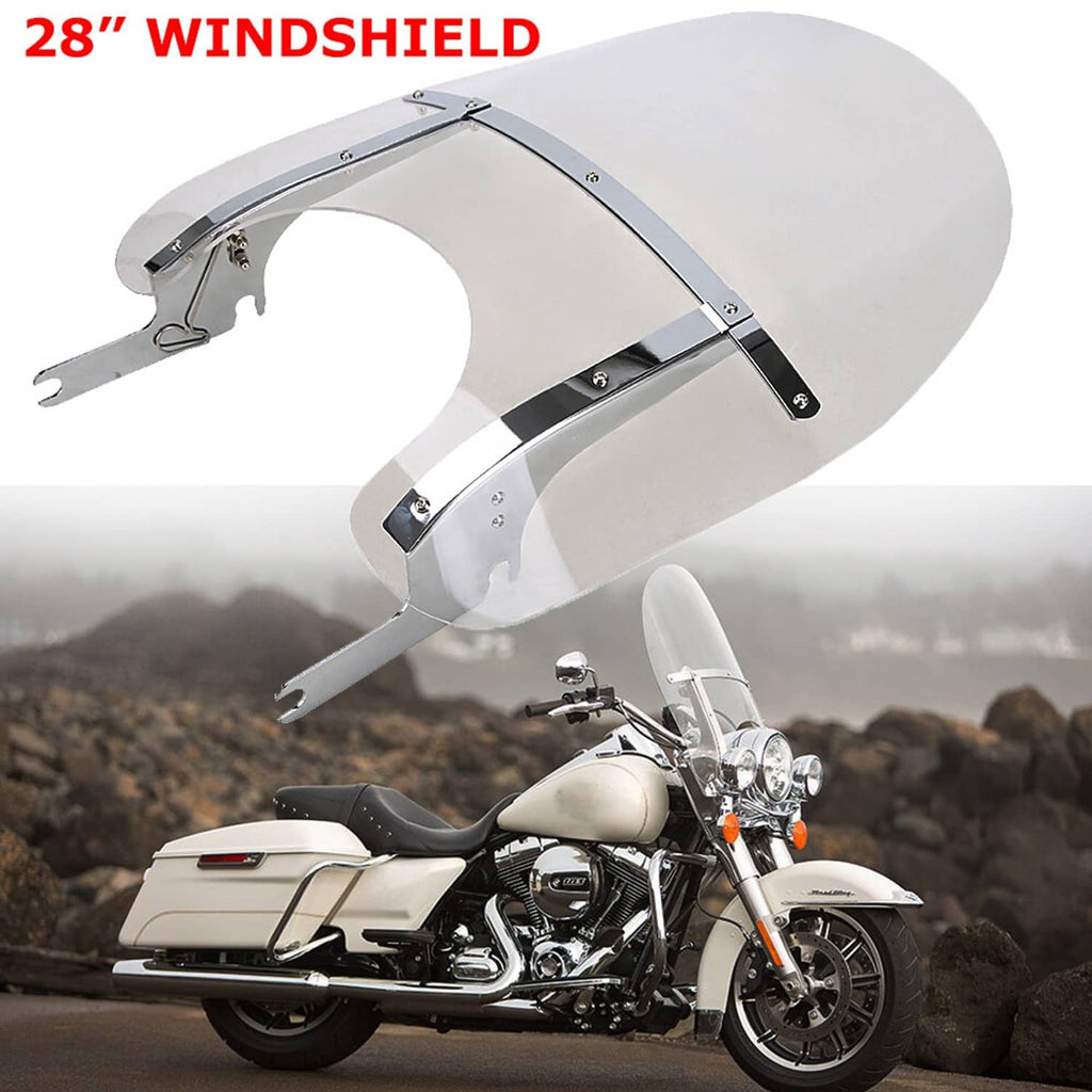 Curved clear windshield windscreen with chrome mounting brackets for a touring motorcycle
