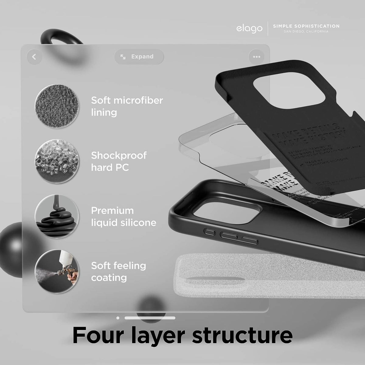 Black phone case with four-layer construction and soft inner lining