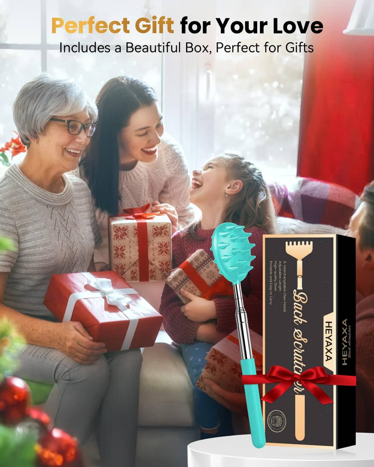 Teal telescoping back scratcher gift set with box and detachable spiked head