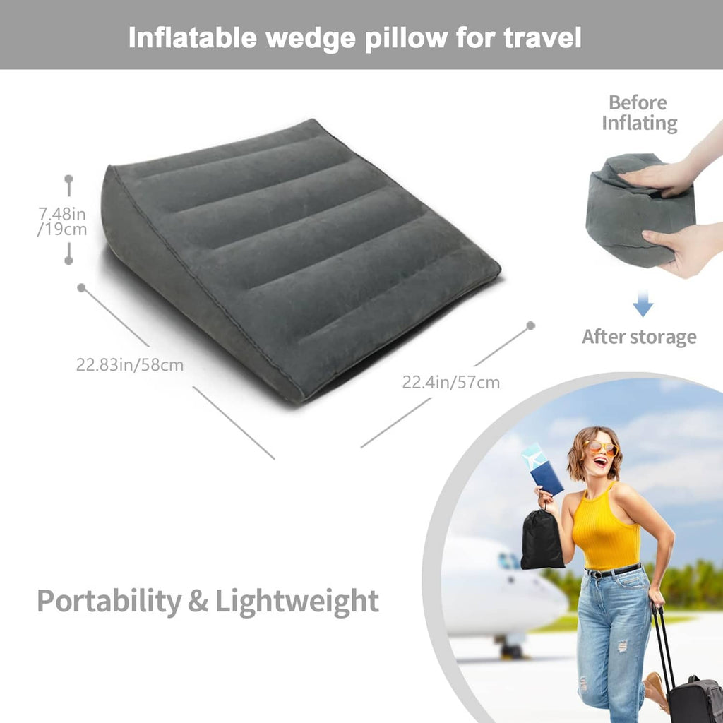 Gray inflatable wedge pillow with segmented channels for comfort and travel storage