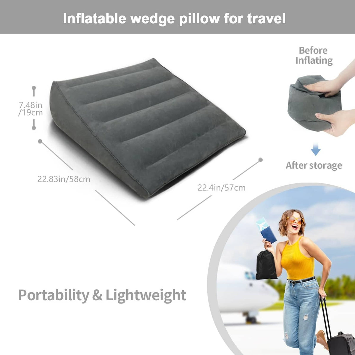 Gray inflatable wedge pillow with segmented channels for comfort and travel storage