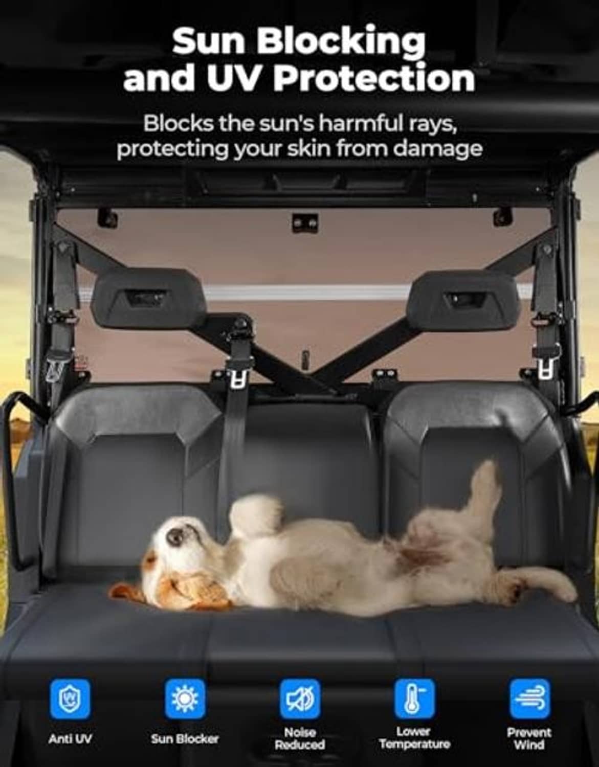 Tinted rear window with brown panel and black mounting hardware, sun-blocking design
