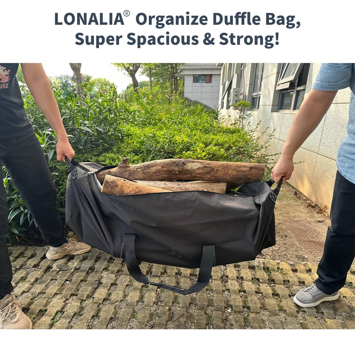 Black duffel bag on straps with side handles for carrying gear outside.