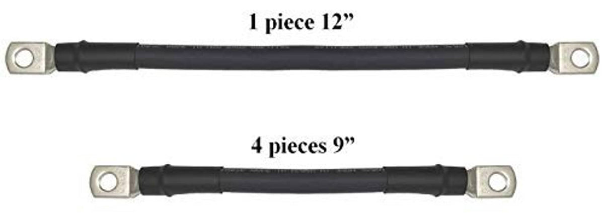 Set of black battery cables with ring terminals, including 12 in and 9 in lengths