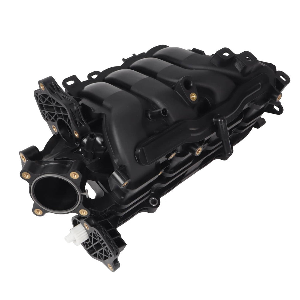 Air intake manifold with black plastic runners and round inlet opening