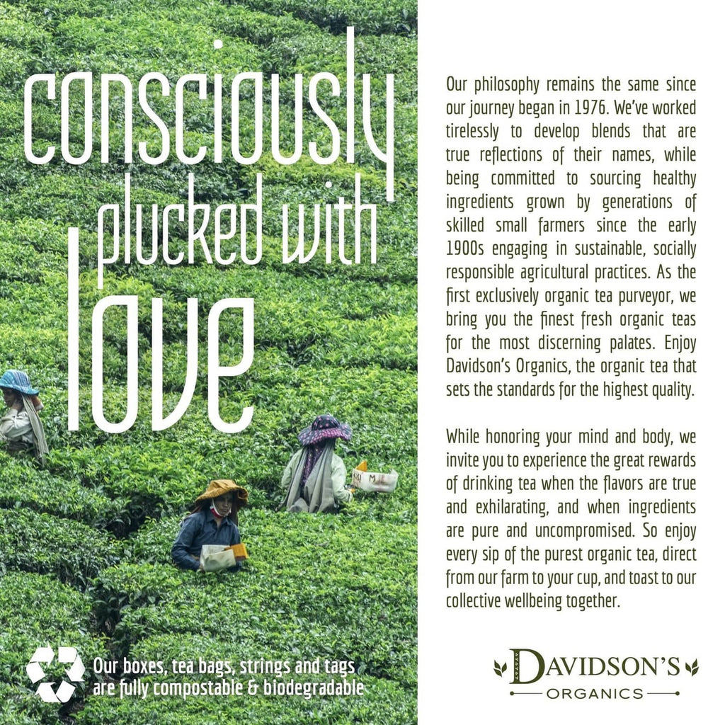 Organic tea farm brochure panel with sustainability text and compostable note