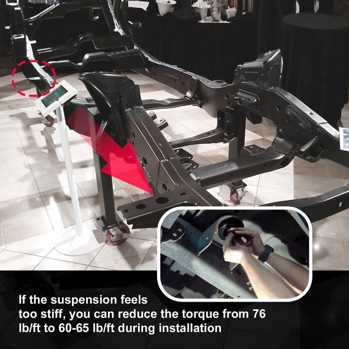 Technician installs silicone body mount bushing set on truck frame mount points