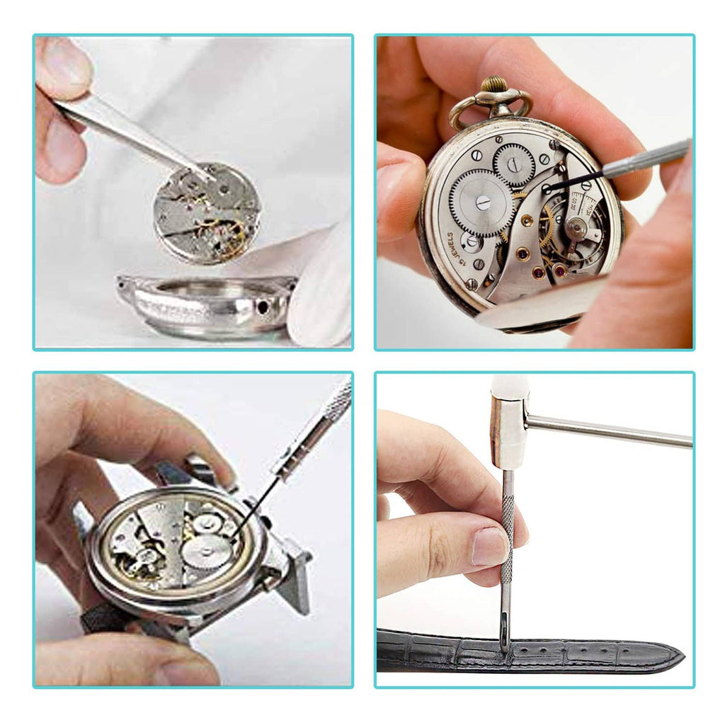 Pocket watch movement opened with precision screwdriver and metal tools
