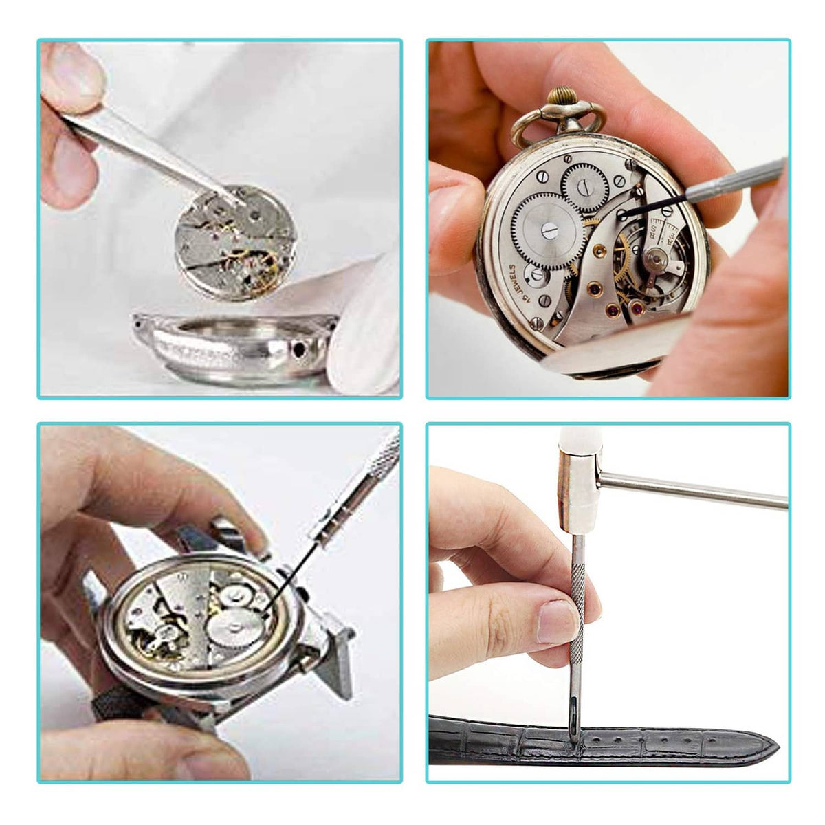 Pocket watch movement opened with precision screwdriver and metal tools