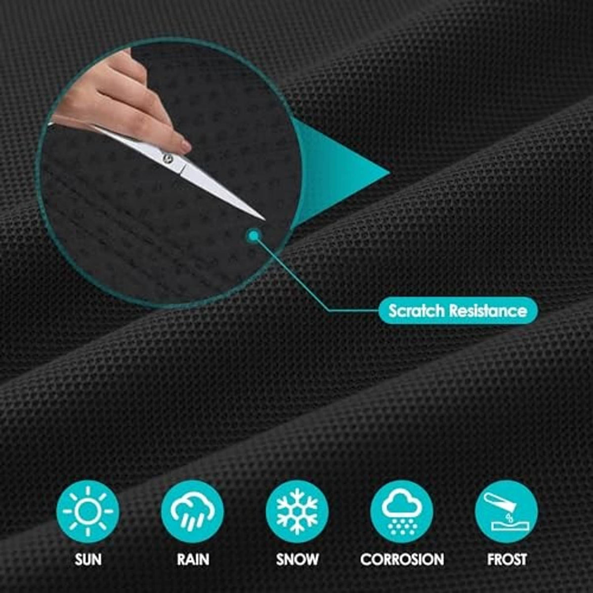 Black nonwoven RV tire cover fabric with scratch resistance and weather protection icons