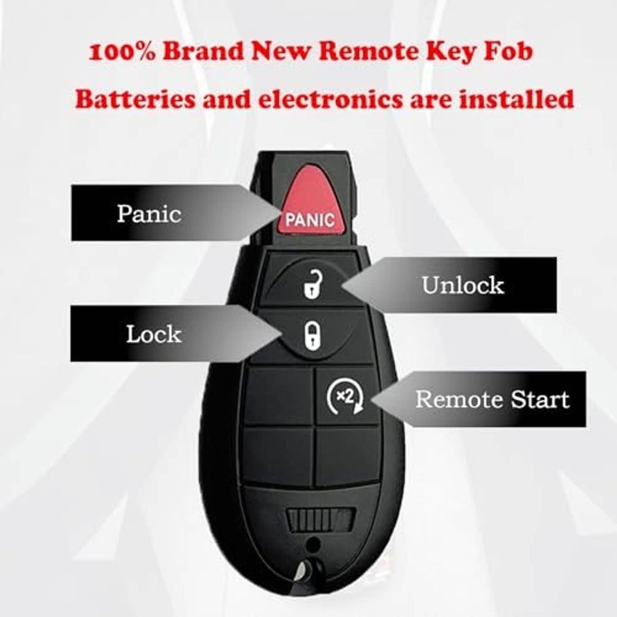 Black remote key fob with lock, unlock, PANIC, and remote start button layout