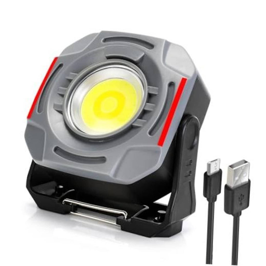 Rechargeable magnetic work light with hook, gray body, bright LED spotlight, includes USB cable