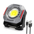 Rechargeable magnetic work light with hook, gray body, bright LED spotlight, includes USB cable
