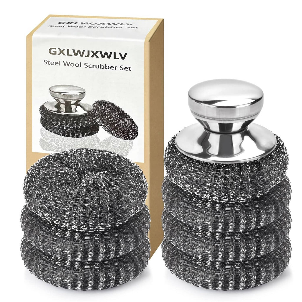 Stainless steel wool scrubber pad set with silver circular bases, 7-piece