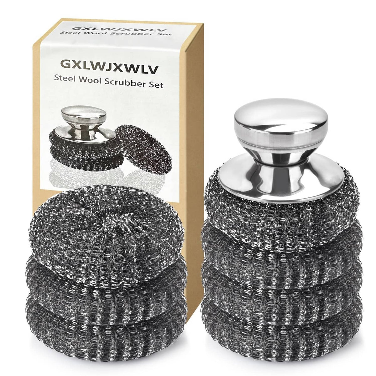Stainless steel wool scrubber pad set with silver circular bases, 7-piece