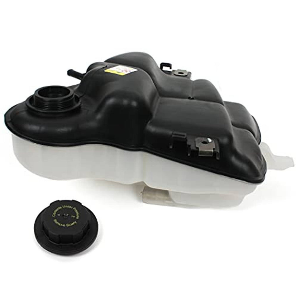 Black coolant reservoir tank with cap and side mounting bracket, angled view