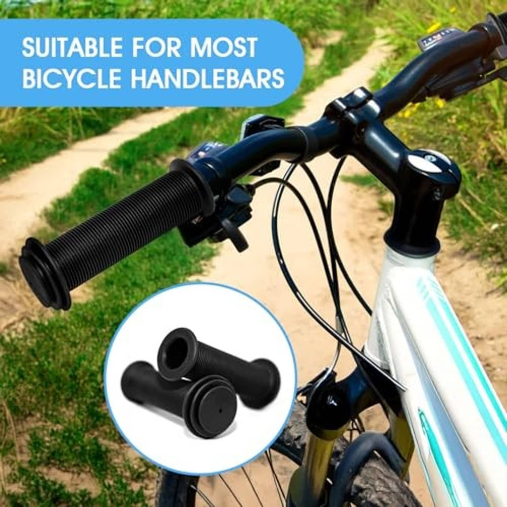 Black ribbed handlebar grips installed on a bicycle handlebar
