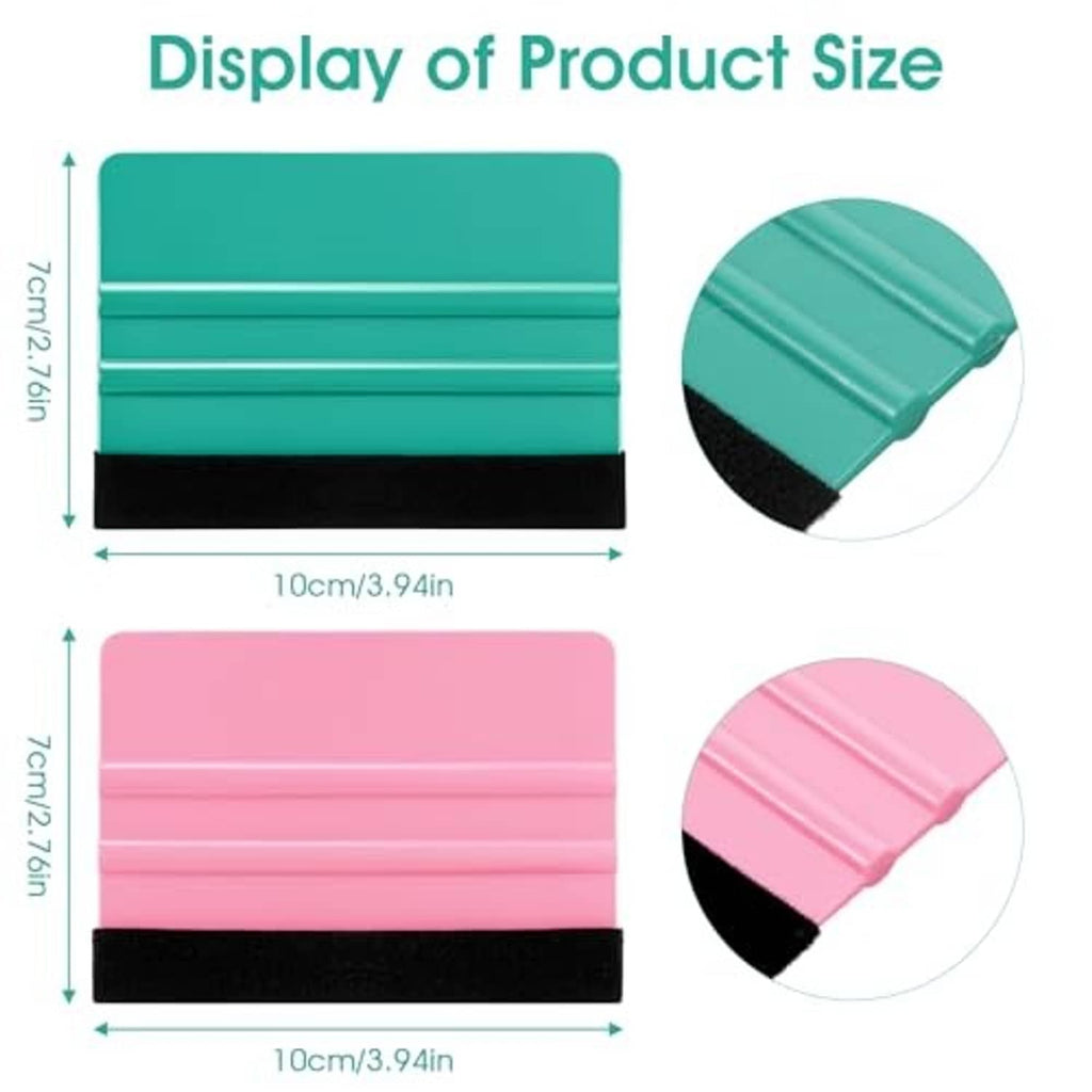 Felt squeegee sizes shown for teal and pink tools with black felt edge