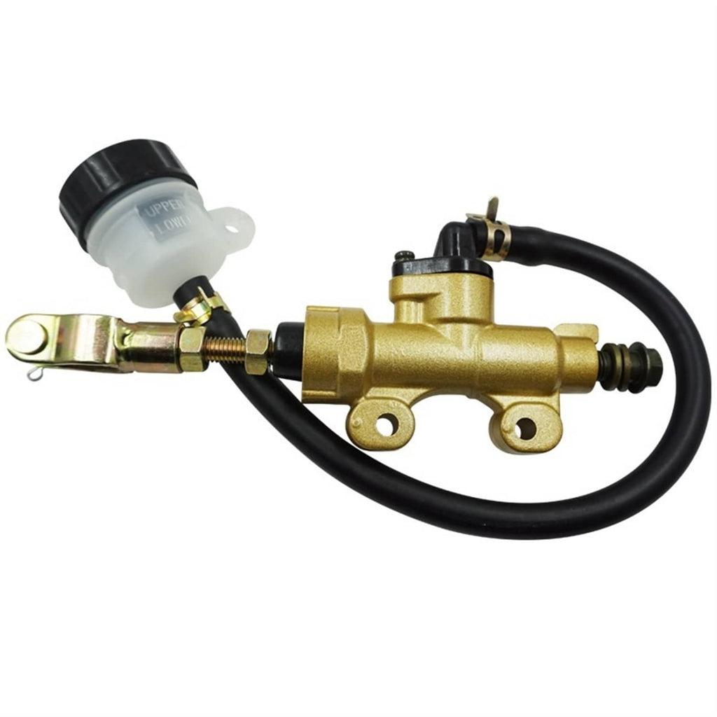Rear brake master cylinder pump with gold body, black hoses, and clear fluid reservoir