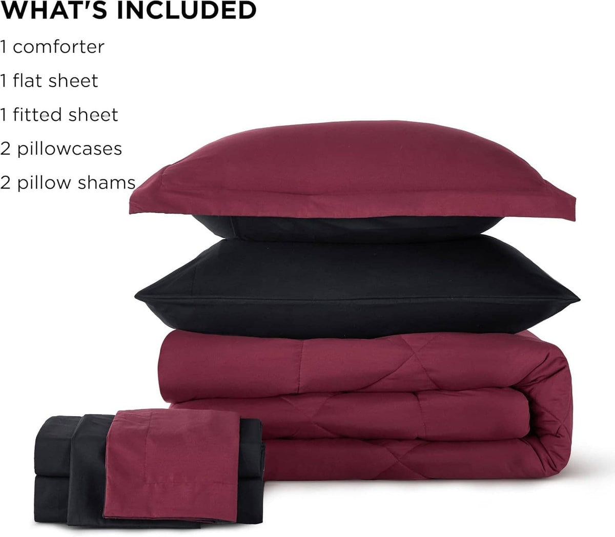 Bedsure queen comforter set stacked in burgundy and black with matching pillow shams