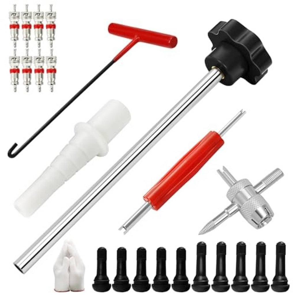 Tire valve stem tool kit with long metal rod, black installer head, red handle, valve caps